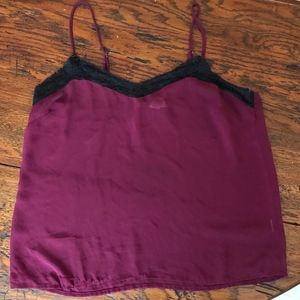 Sheer burgundy top with black lace trip